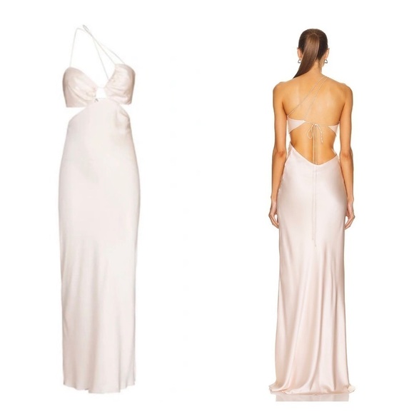 THE SEI Slant Bias Silk Maxi Gown Pearl Blush Pink Sexy Cutout Open Back Size 4 - Picture 5 of 10